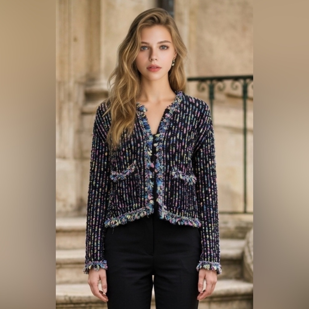 Zara Black Multicolor Tweed-Style Fringe Jacket